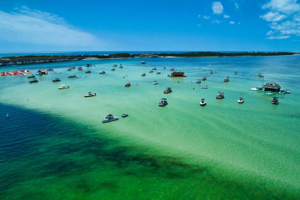 Aerial Close-up of Crab Island off of Destin Florida