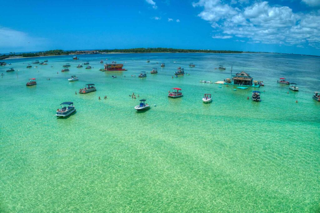 Aerial Close-up of Crab Island, Destin Florida