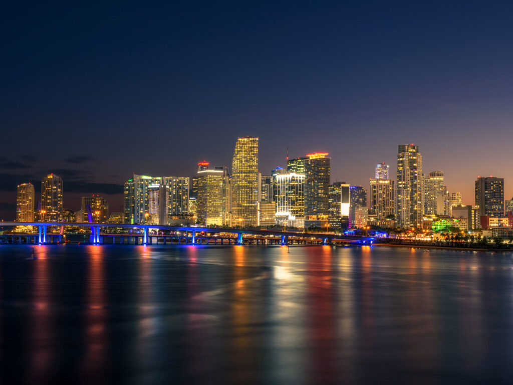 Night view of Miami from a Biscayne Bay cruise